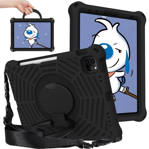 For iPad Pro 11-inch (2018) / (2020) / (2021) / (2022) / Air (2020) / (2022) Shockproof Case Spider Web Texture Kickstand Hand Grip Tablet Cover with Shoulder Strap - Black - 1