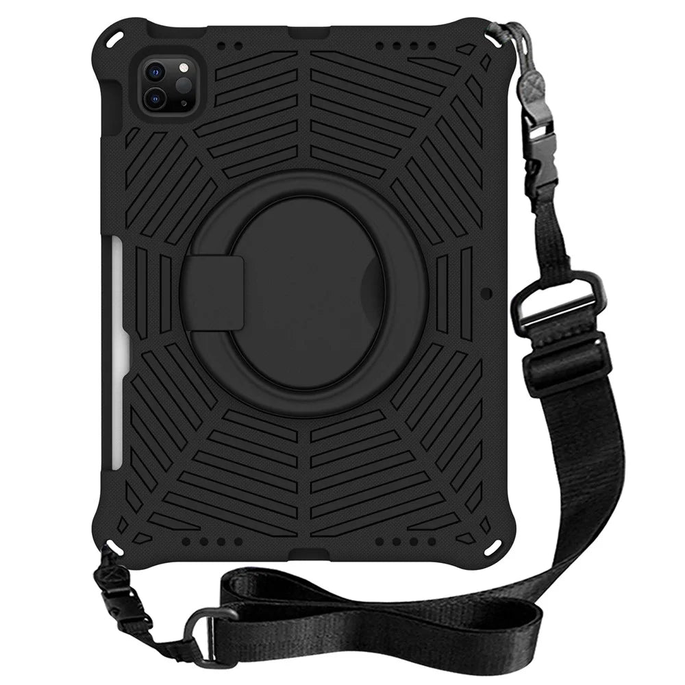 For iPad Pro 11-inch (2018) / (2020) / (2021) / (2022) / Air (2020) / (2022) Shockproof Case Spider Web Texture Kickstand Hand Grip Tablet Cover with Shoulder Strap - Black - 2