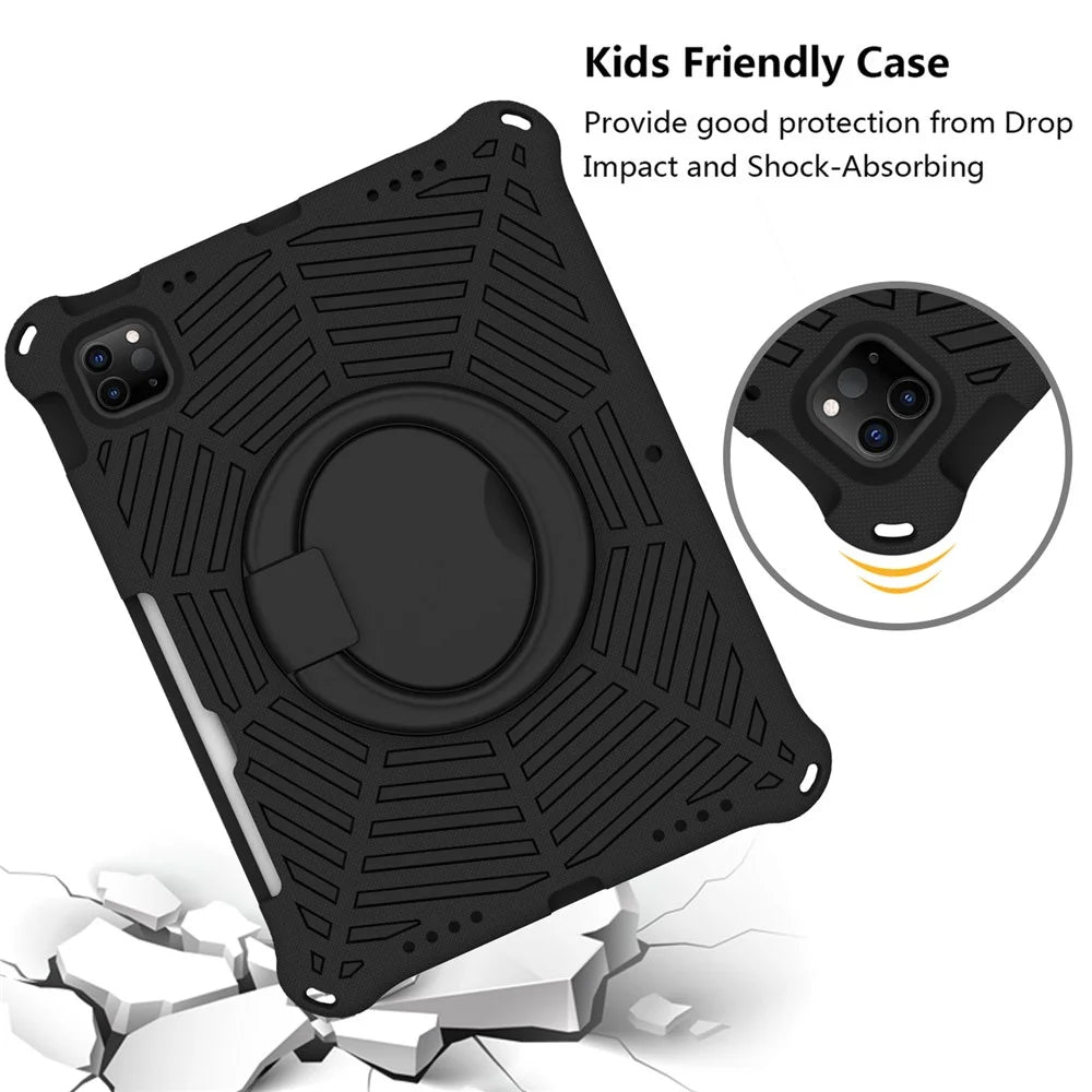 For iPad Pro 11-inch (2018) / (2020) / (2021) / (2022) / Air (2020) / (2022) Shockproof Case Spider Web Texture Kickstand Hand Grip Tablet Cover with Shoulder Strap - Black - 3