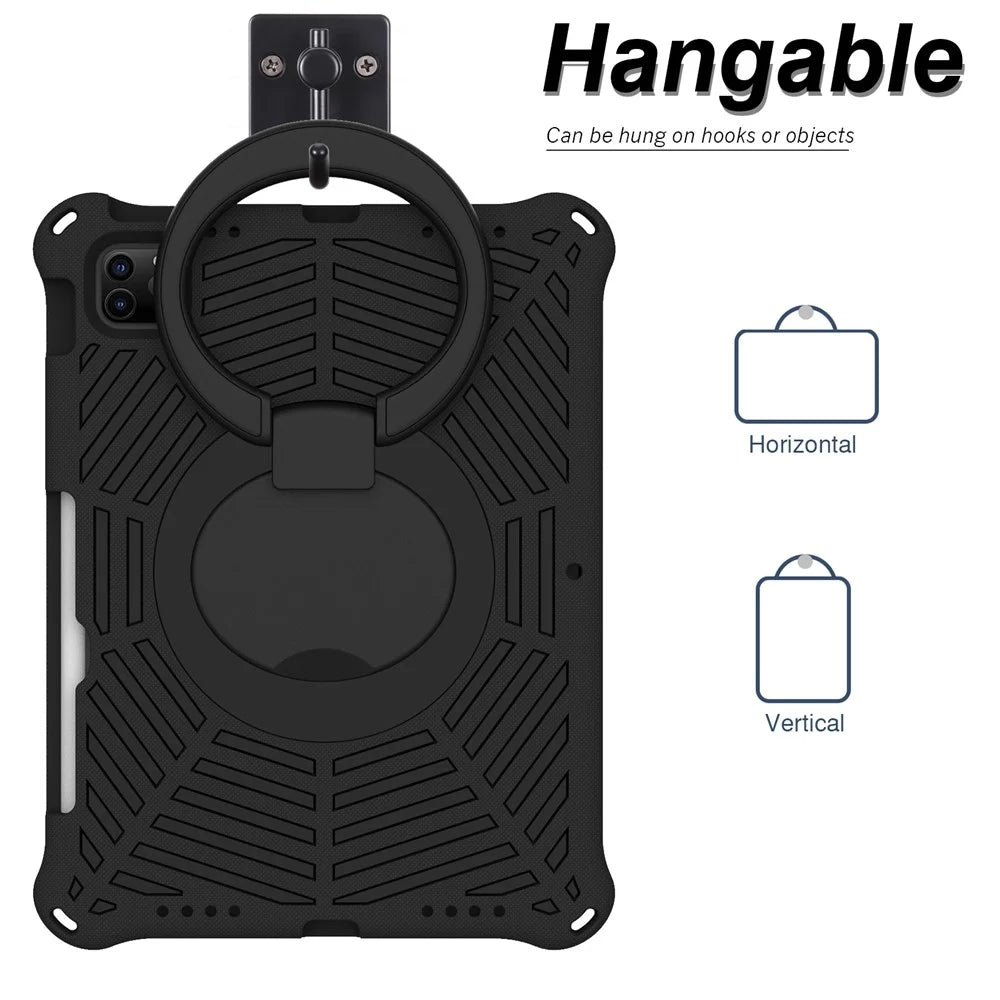 For iPad Pro 11-inch (2018) / (2020) / (2021) / (2022) / Air (2020) / (2022) Shockproof Case Spider Web Texture Kickstand Hand Grip Tablet Cover with Shoulder Strap - Black - 5