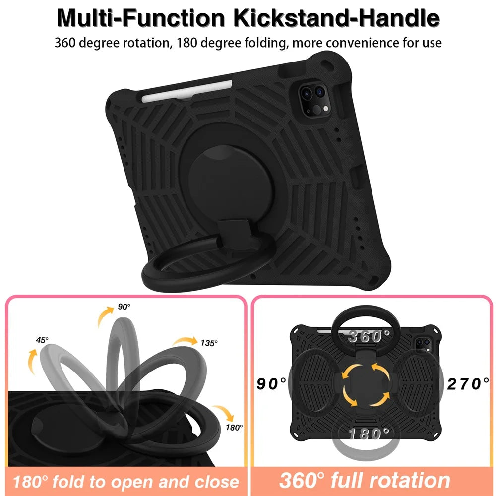 For iPad Pro 11-inch (2018) / (2020) / (2021) / (2022) / Air (2020) / (2022) Shockproof Case Spider Web Texture Kickstand Hand Grip Tablet Cover with Shoulder Strap - Black - 7