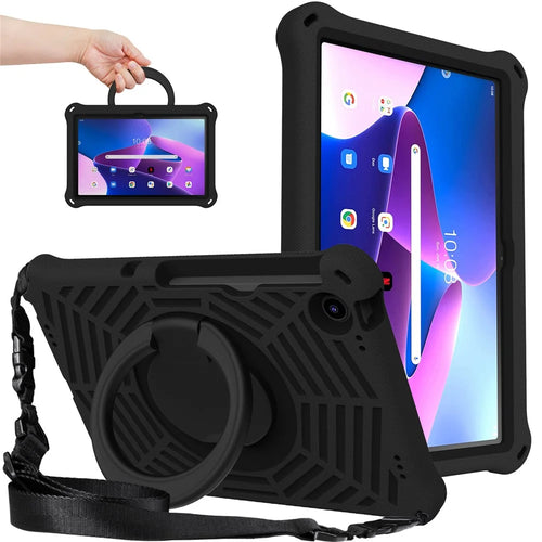 For Lenovo Tab M10 Plus (3rd Gen) / Xiaoxin Pad 2022 10.6 inch Shockproof Spider Web Texture Tablet Cover Kickstand Hand Grip Tablet Case with Shoulder Strap - Black - 1