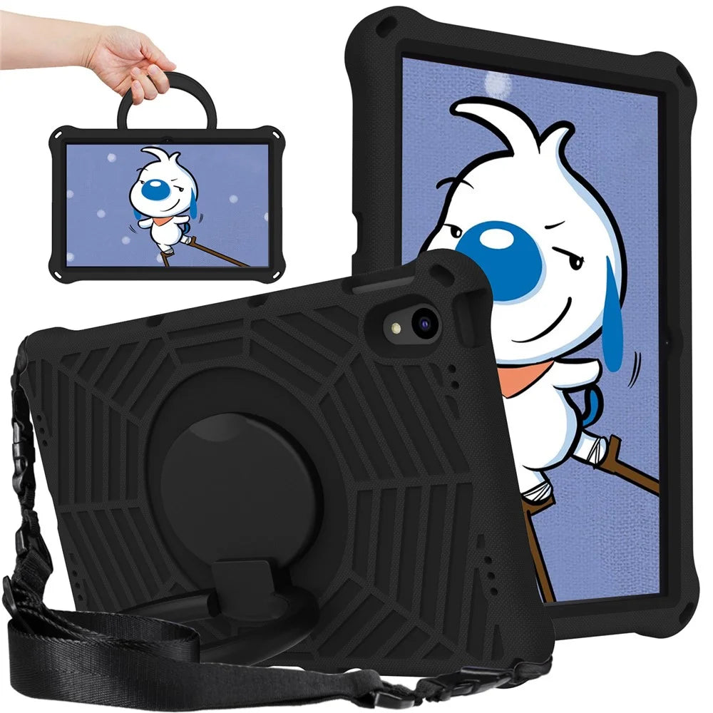 For Lenovo Tab P11 TB-J606F (11")  /  Tab P11 Plus Protective Kickstand Case Spider Web Texture Tablet Cover with Shoulder Strap - Black - 1