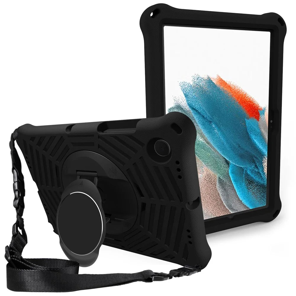 For Samsung Galaxy Tab A8 10.5 (2021) / (2022) Spider Web Texture EVA Protective Tablet Case Kickstand 360 Degree Rotation Anti-scratch Cover with Shoulder Strap - Black - 1