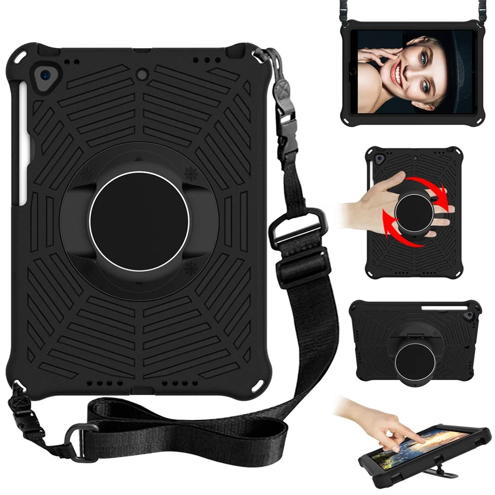 For iPad 10.2 (2021) / (2020) / (2019) Kids Spider Web Texture Tablet Case Sturdy EVA Rotation Kickstand Cover with  Shoulder Carrying Strap - Black - 1