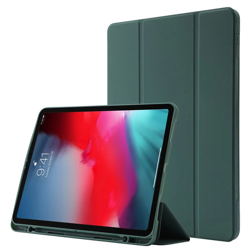 For iPad Pro 11 (2022) / (2021) / (2020) / (2018) Tri-fold Stand Skin-touch PU Leather Tablet Case Shockproof Auto Wake / Sleep Cover with Pen Slot - Blackish Green - 1