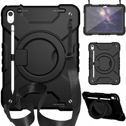 For iPad (2025) / 10.9 (2022) Shockproof Tablet Case Rotary Kickstand PC + Silicone Tablet Cover with Shoulder Strap - All Back - 1
