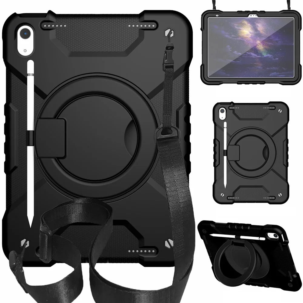For iPad (2025) / 10.9 (2022) Shockproof Tablet Case Rotary Kickstand PC + Silicone Tablet Cover with Shoulder Strap - All Back - 1