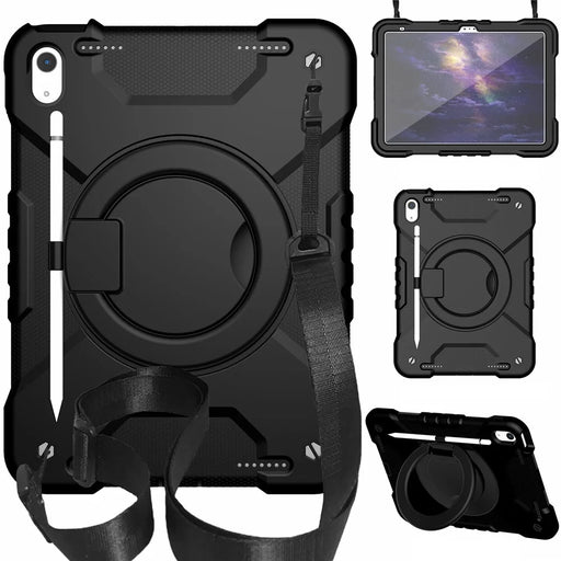 For iPad (2025) / 10.9 (2022) Shockproof Tablet Case Rotary Kickstand PC + Silicone Tablet Cover with Shoulder Strap - All Back - 1