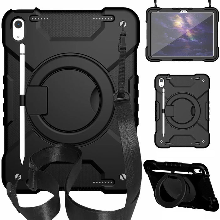 For iPad (2025) / 10.9 (2022) Shockproof Tablet Case Rotary Kickstand PC + Silicone Tablet Cover with Shoulder Strap - All Back - 1