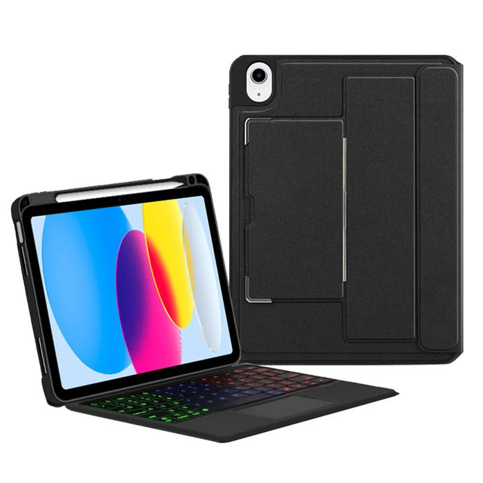 For iPad (2025) / 10.9 (2022) Leather Case + Bluetooth-Compatible Keyboard with Backlight Trackpad - Black - 1