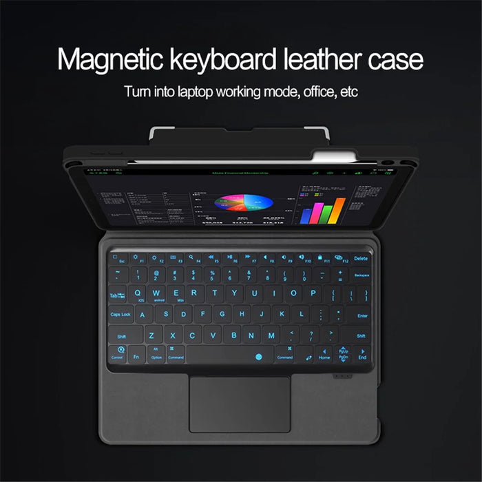 For iPad (2025) / 10.9 (2022) Leather Case + Bluetooth-Compatible Keyboard with Backlight Trackpad - Black - 5