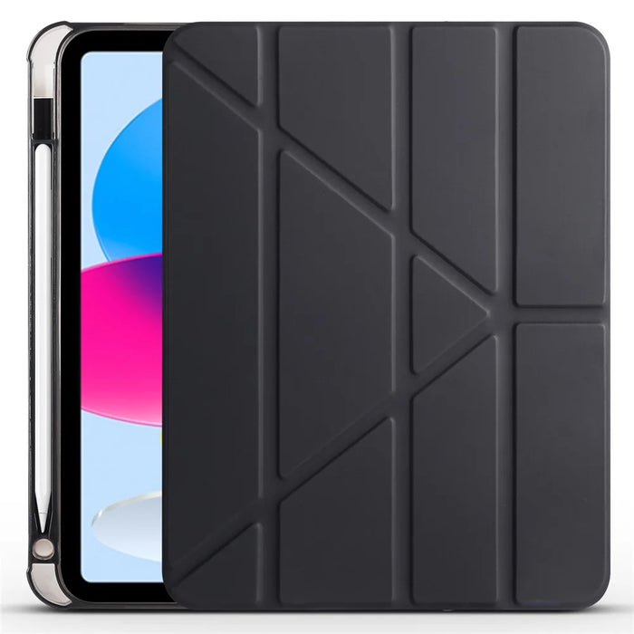 Shockproof Leather Case for iPad (2025) / 10.9 (2022) Anti-Drop Protective Case Transparent V-Fold Stand Tablet Cover with Pencil Slot - Black - 2