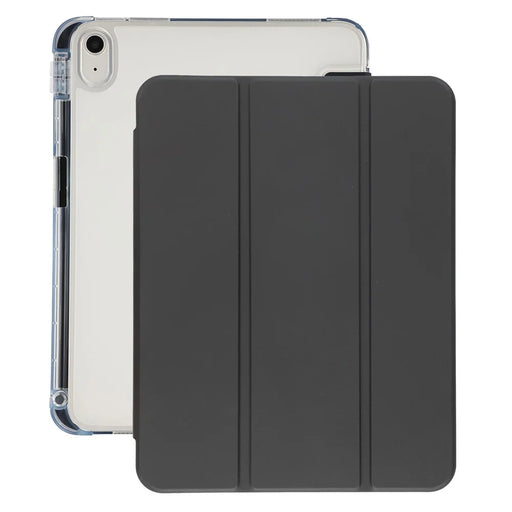 For iPad (2025) / 10.9 (2022) Tri-Fold Stand PU Leather Cover Transparent TPU Tablet Case with Pen Slot - Black - 1