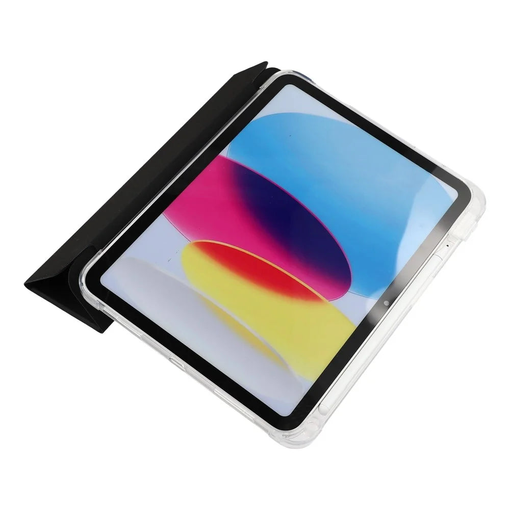For iPad (2025) / 10.9 (2022) Tri-Fold Stand PU Leather Cover Transparent TPU Tablet Case with Pen Slot - Black - 3