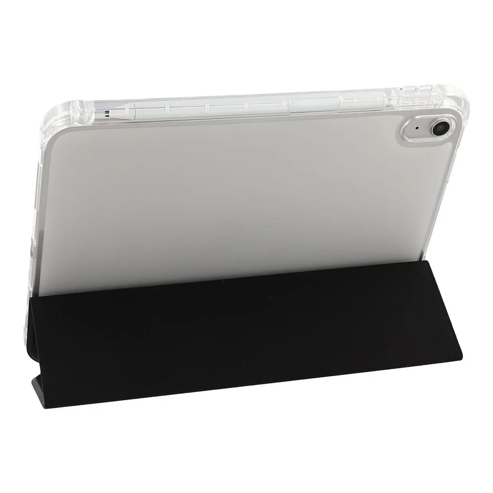 For iPad (2025) / 10.9 (2022) Tri-Fold Stand PU Leather Cover Transparent TPU Tablet Case with Pen Slot - Black - 5