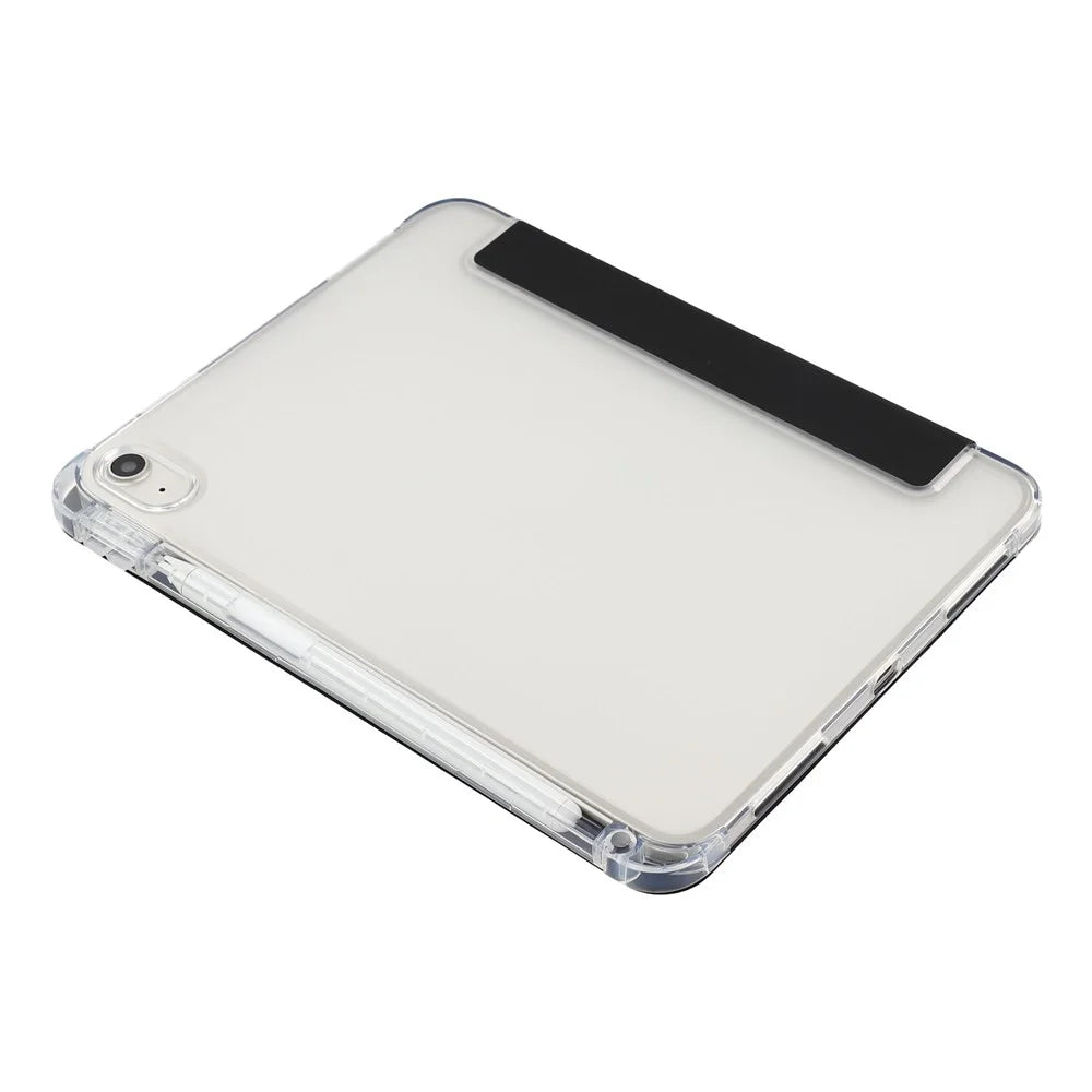 For iPad (2025) / 10.9 (2022) Tri-Fold Stand PU Leather Cover Transparent TPU Tablet Case with Pen Slot - Black - 7