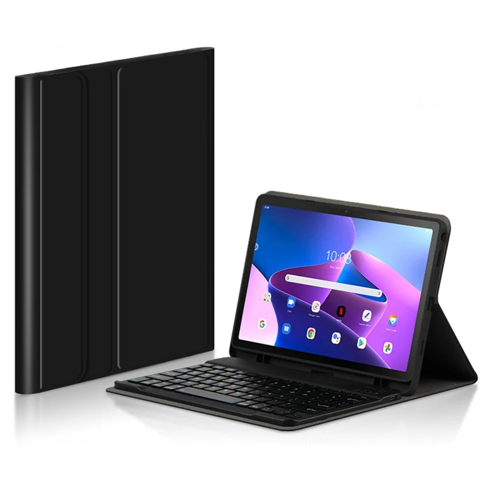 For Lenovo Tab M10 Plus (3rd Gen) Leather Stand Tablet Case with Detachable Magnetic Wireless Keyboard (Without Touchpad) - Black - 1