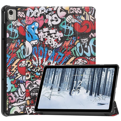 For Nokia T21 Trifold Stand Sleep / Wake Tablet Cover Pattern Printing PU Leather Folio Protective Case - Graffiti - 1