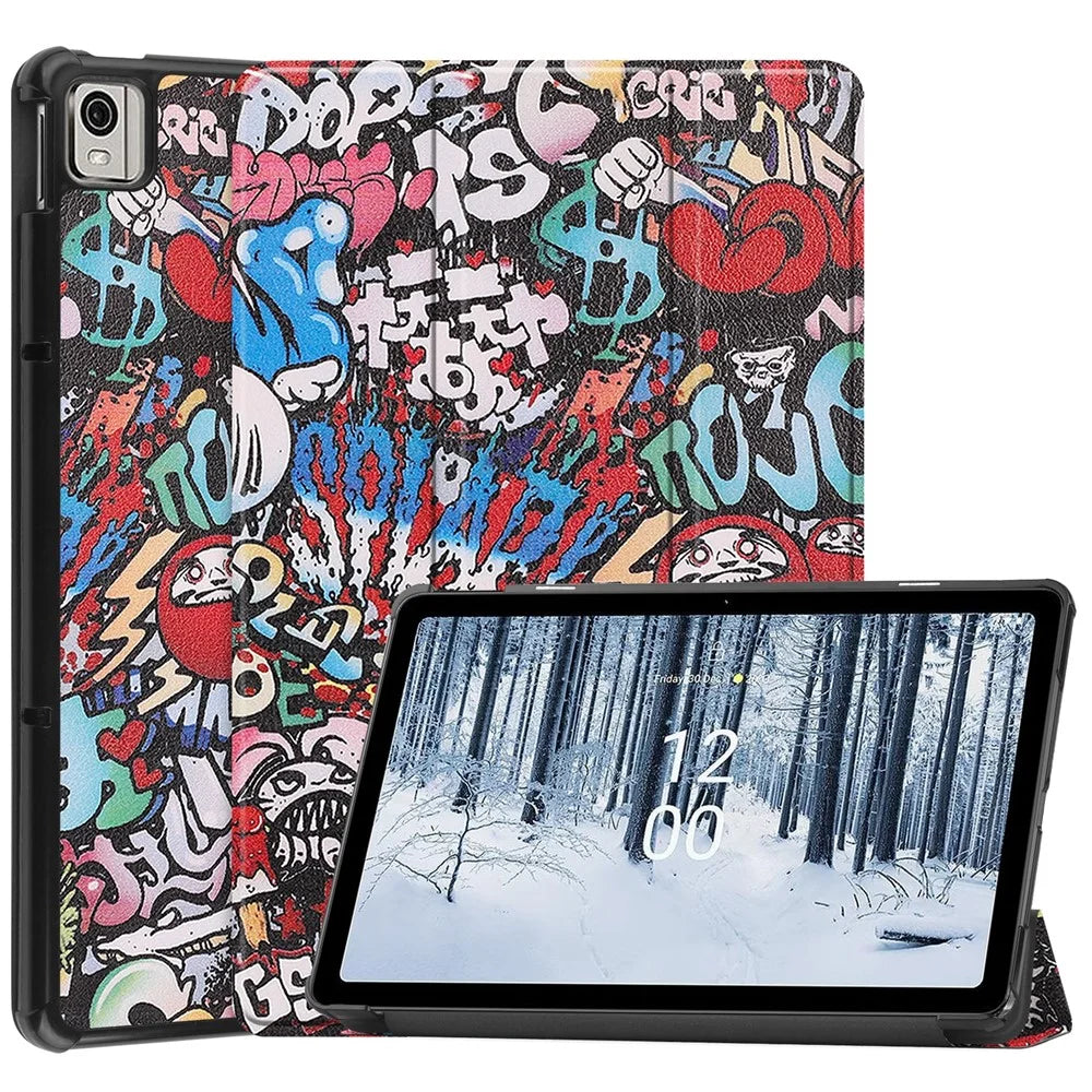 For Nokia T21 Trifold Stand Sleep / Wake Tablet Cover Pattern Printing PU Leather Folio Protective Case - Graffiti - 1