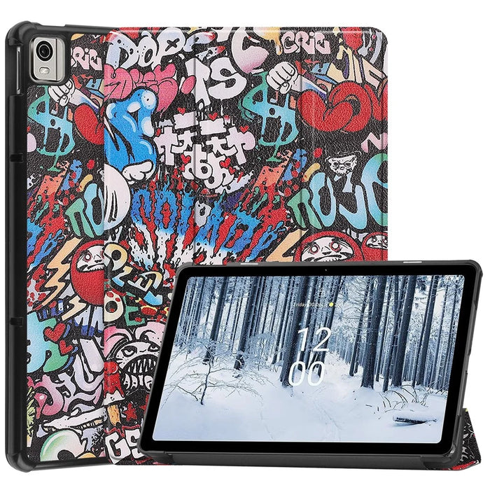 For Nokia T21 Trifold Stand Sleep / Wake Tablet Cover Pattern Printing PU Leather Folio Protective Case - Graffiti - 1