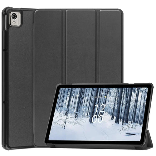 For Nokia T21 Tri-fold Stand Smart Auto Wake / Sleep Cover PU Leather Anti-Scratch Tablet Case - Black - 1
