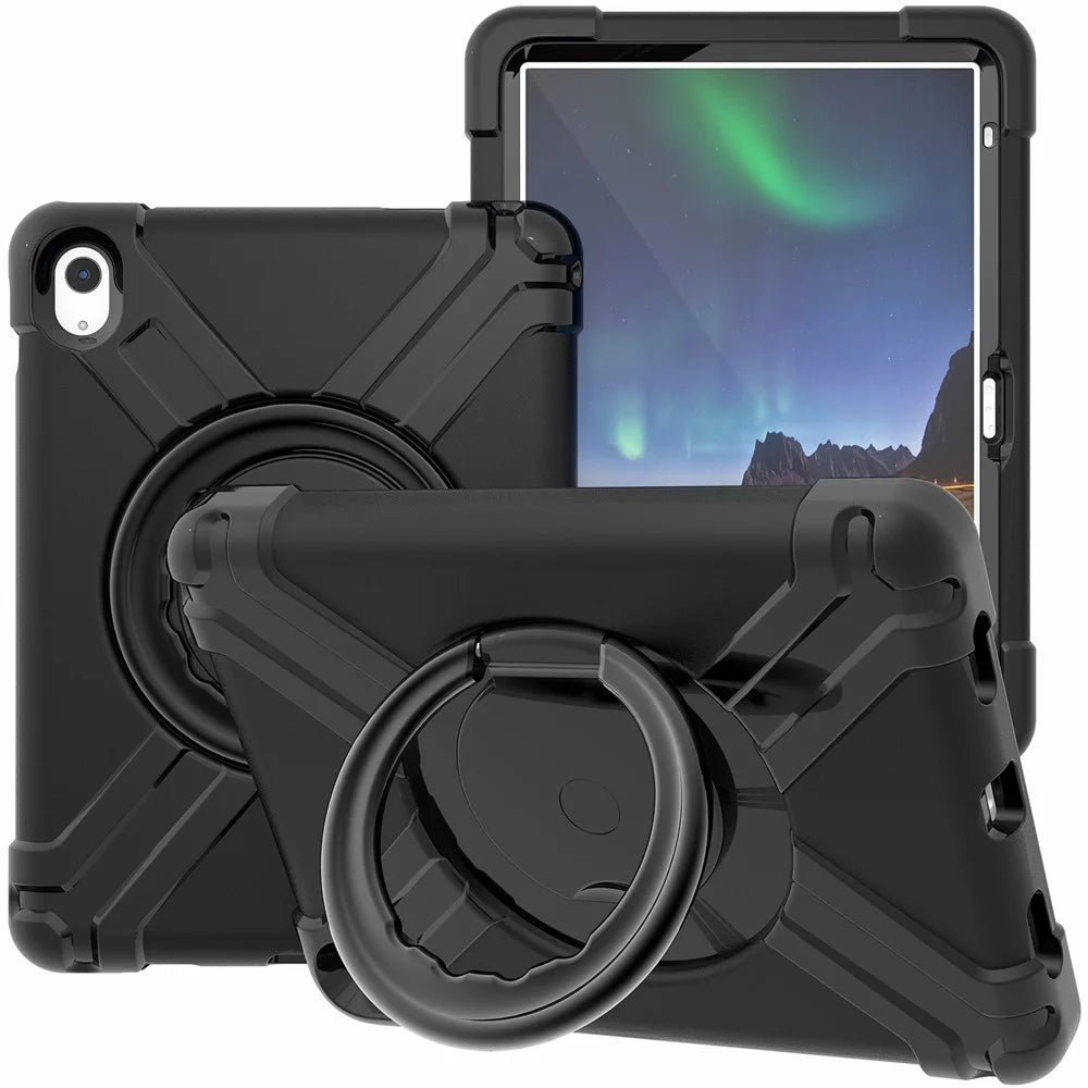 For iPad (2025) / 10.9 (2022) 360-Degree Rotation Kickstand Tablet Cover Military Anti-Drop Protection PC + TPU Case - All Black - 1