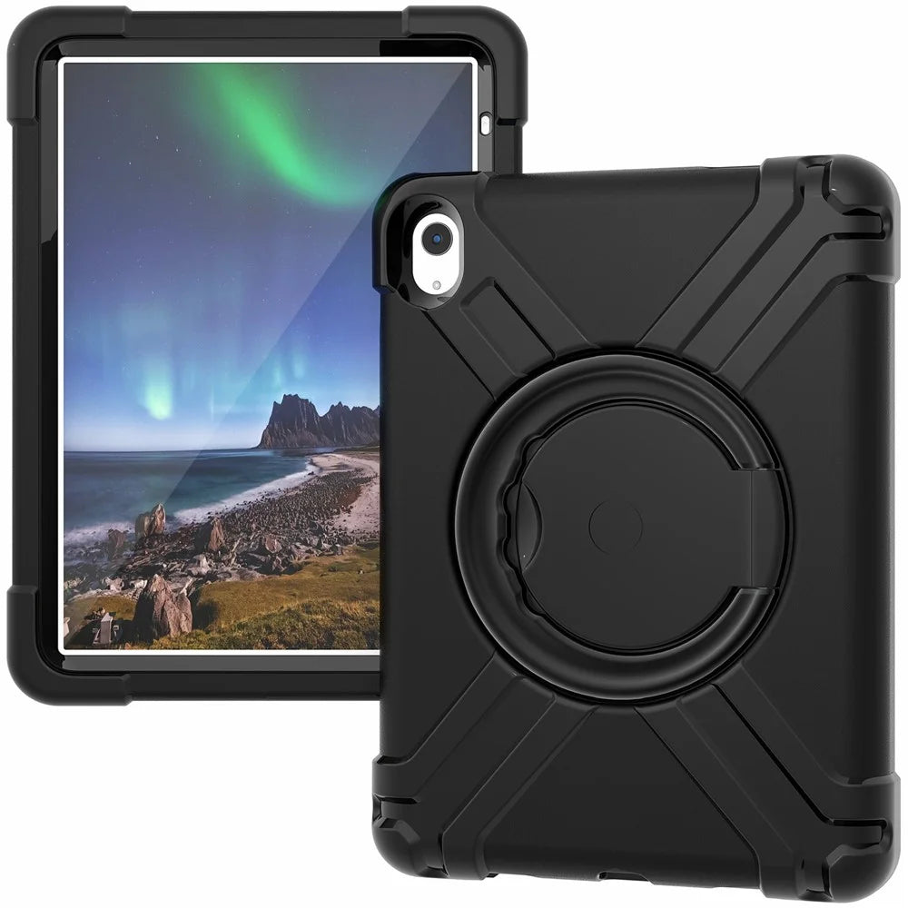 For iPad (2025) / 10.9 (2022) 360-Degree Rotation Kickstand Tablet Cover Military Anti-Drop Protection PC + TPU Case - All Black - 2