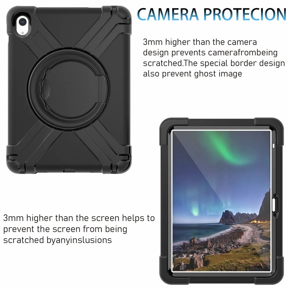 For iPad (2025) / 10.9 (2022) 360-Degree Rotation Kickstand Tablet Cover Military Anti-Drop Protection PC + TPU Case - All Black - 3