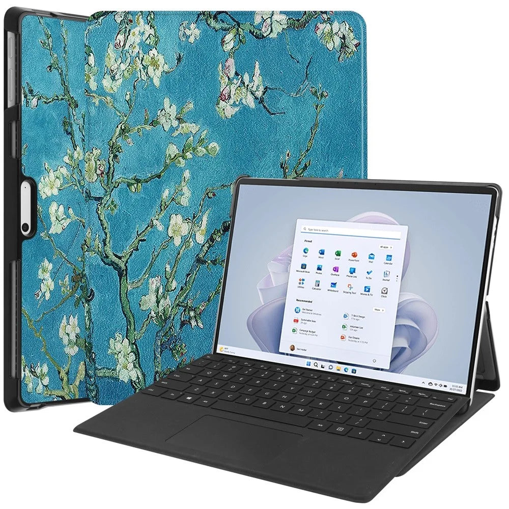 JUNSUNMAY For Microsoft Surface Pro 9 Foldable Stand Tablet Case Pattern Printing PU Leather + PC Cover - Apricot Blossom - 1