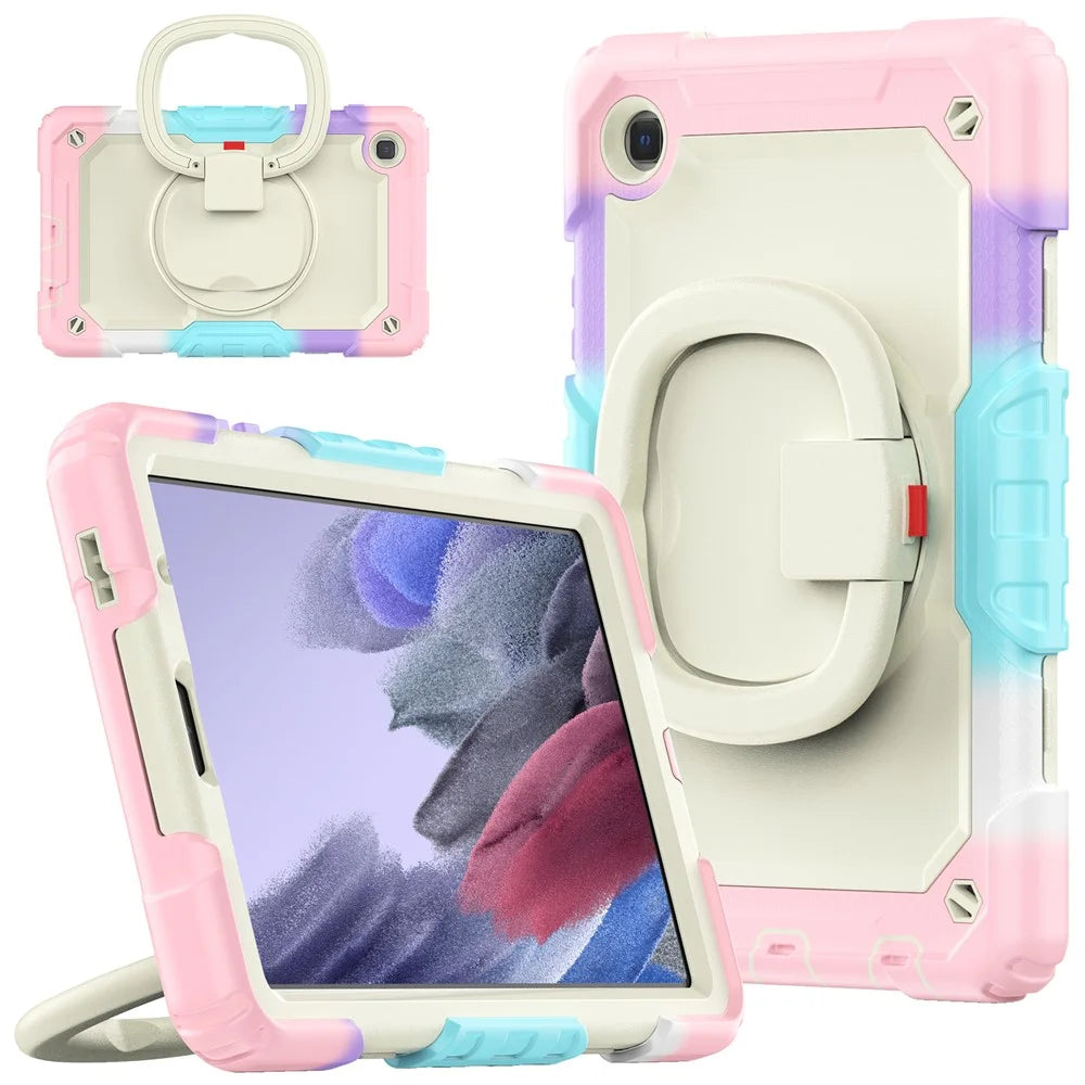 Anti-Drop Tablet Case for Samsung Galaxy Tab A7 Lite 8.7-inch T220 / T225 PC + Silicone Protective Case 360-Degree Rotating Kickstand Cover with Shoulder Strap - Beige / Camo Pink - 1