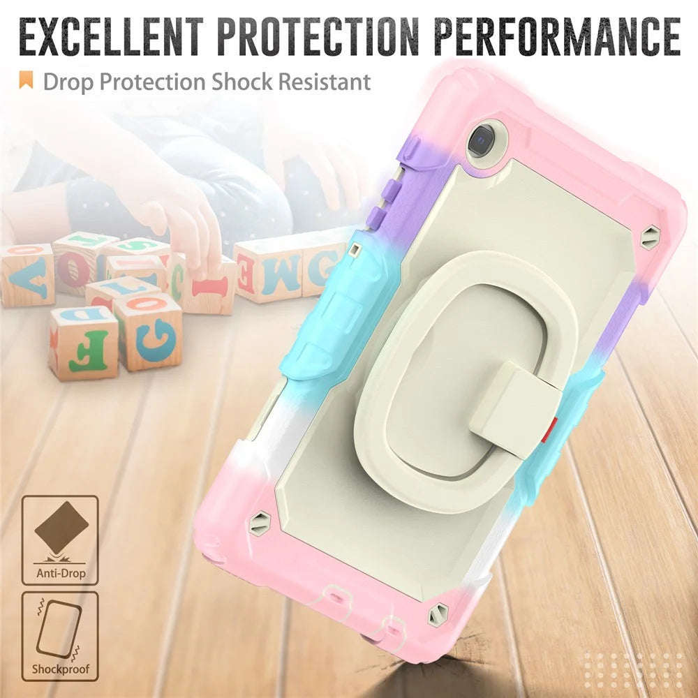Anti-Drop Tablet Case for Samsung Galaxy Tab A7 Lite 8.7-inch T220 / T225 PC + Silicone Protective Case 360-Degree Rotating Kickstand Cover with Shoulder Strap - Beige / Camo Pink - 4