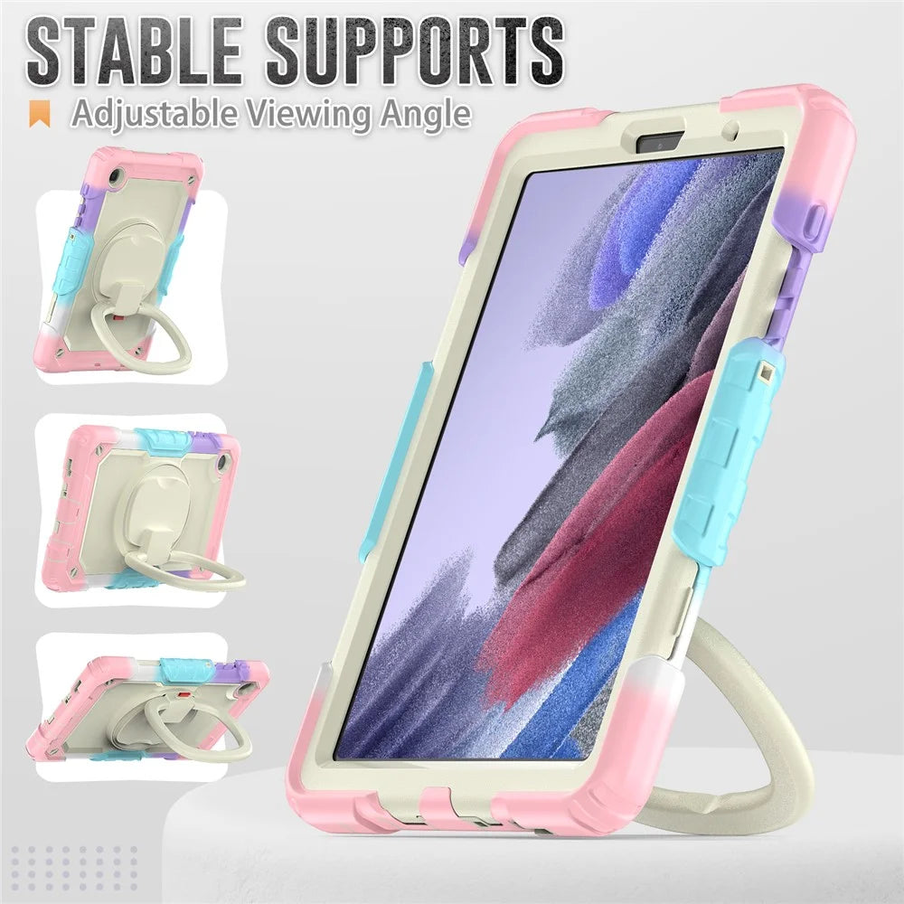 Anti-Drop Tablet Case for Samsung Galaxy Tab A7 Lite 8.7-inch T220 / T225 PC + Silicone Protective Case 360-Degree Rotating Kickstand Cover with Shoulder Strap - Beige / Camo Pink - 5