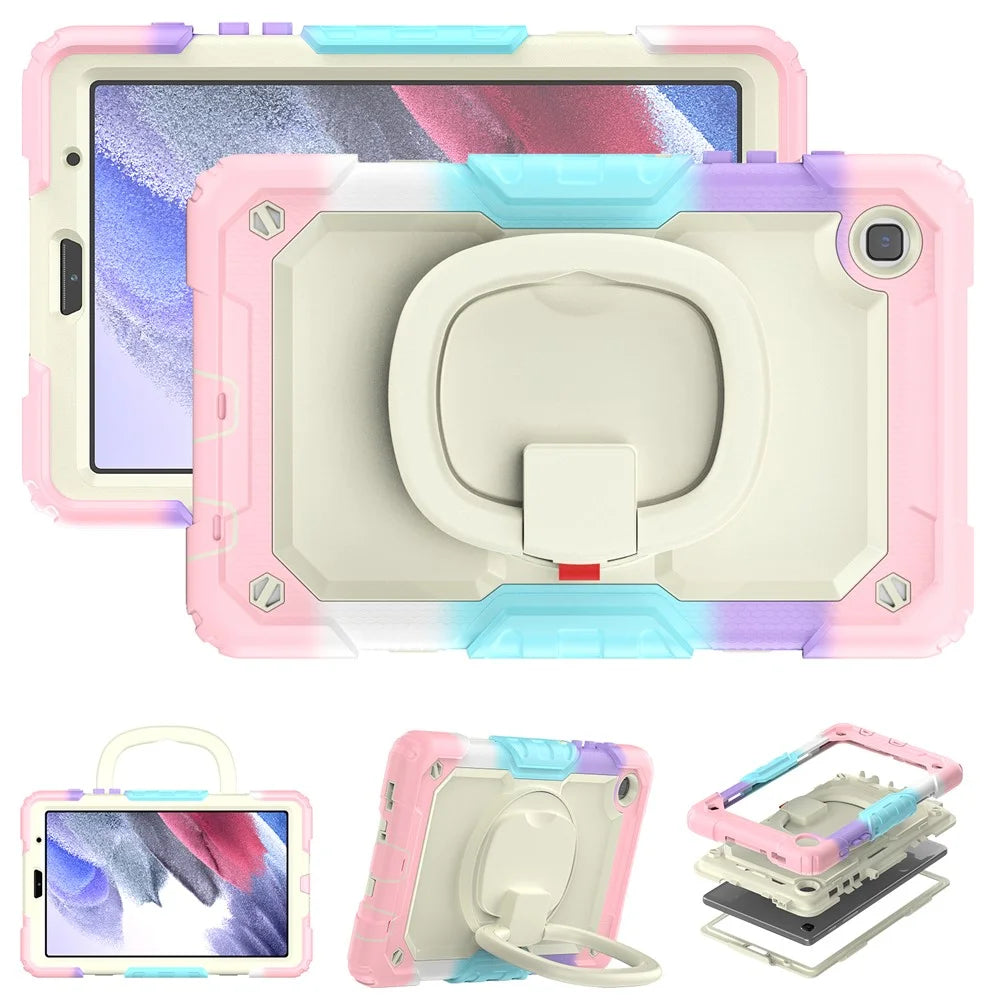 Anti-Drop Tablet Case for Samsung Galaxy Tab A7 Lite 8.7-inch T220 / T225 PC + Silicone Protective Case 360-Degree Rotating Kickstand Cover with Shoulder Strap - Beige / Camo Pink - 6