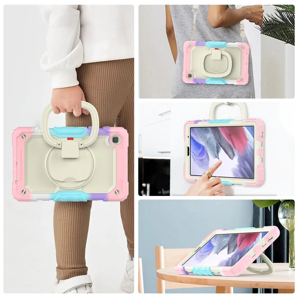 Anti-Drop Tablet Case for Samsung Galaxy Tab A7 Lite 8.7-inch T220 / T225 PC + Silicone Protective Case 360-Degree Rotating Kickstand Cover with Shoulder Strap - Beige / Camo Pink - 7