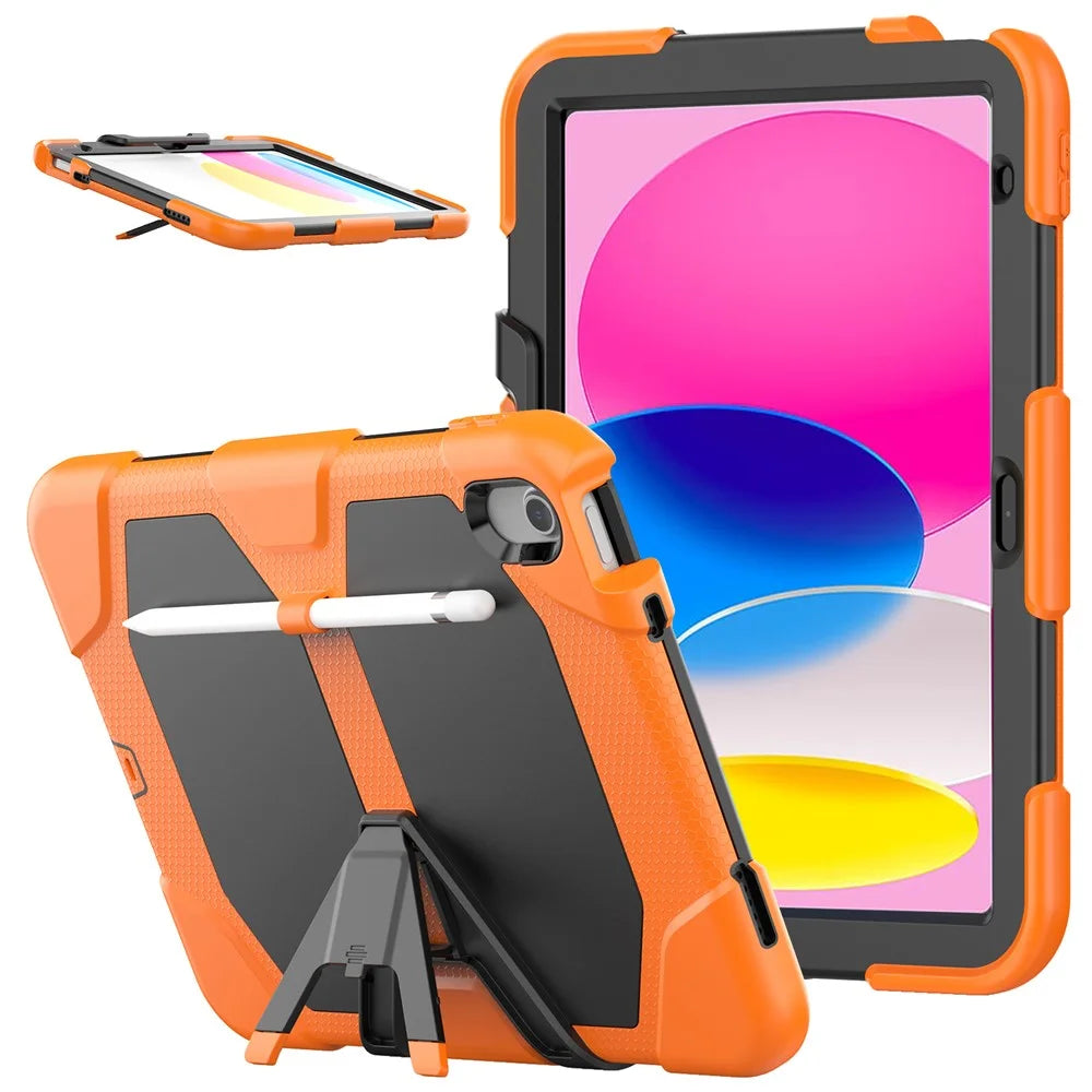 For iPad (2025) / 10.9 (2022) PC + Silicone Case Kickstand Cover Tablet Case with Screen Protector Pen Holder - Orange - 1