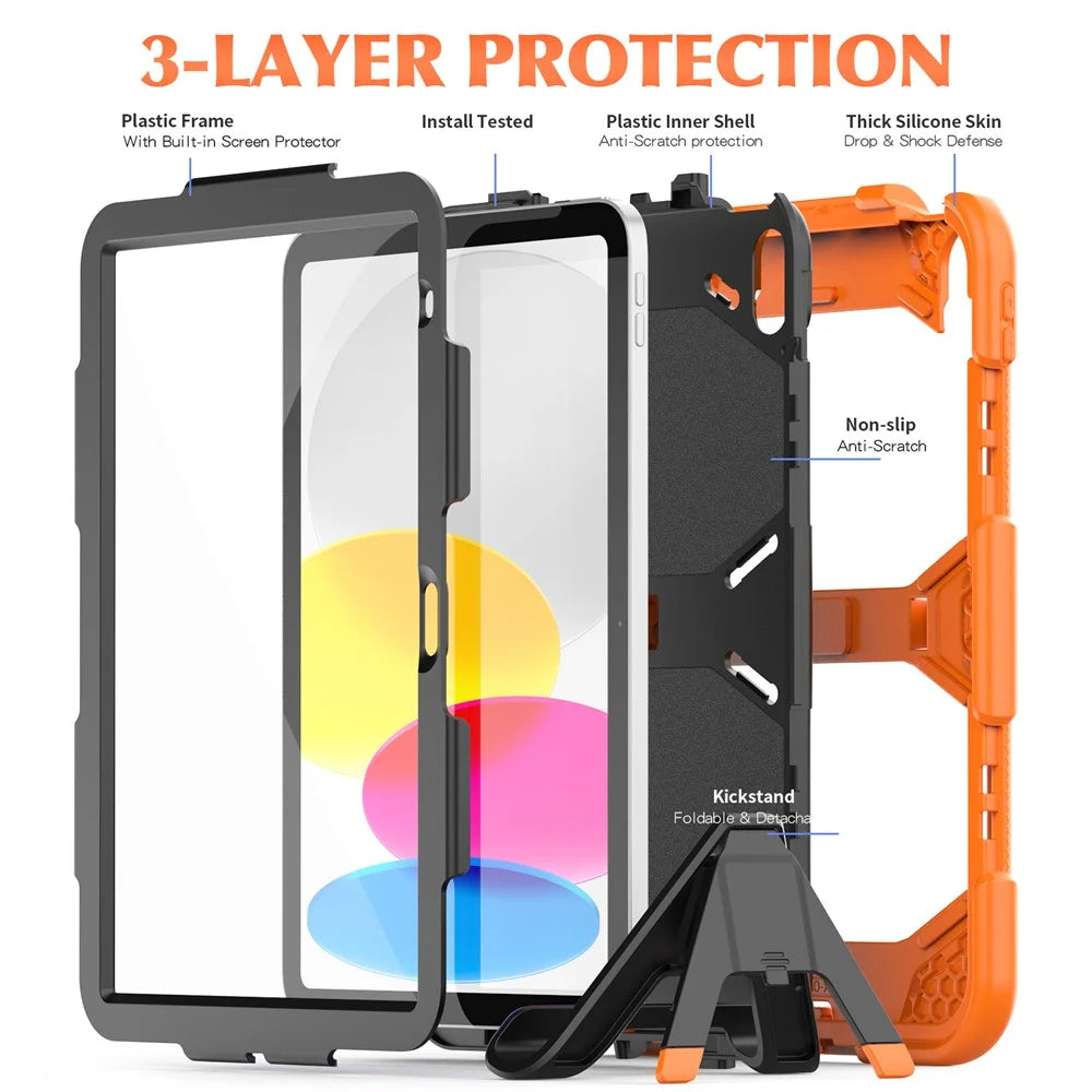 For iPad (2025) / 10.9 (2022) PC + Silicone Case Kickstand Cover Tablet Case with Screen Protector Pen Holder - Orange - 3