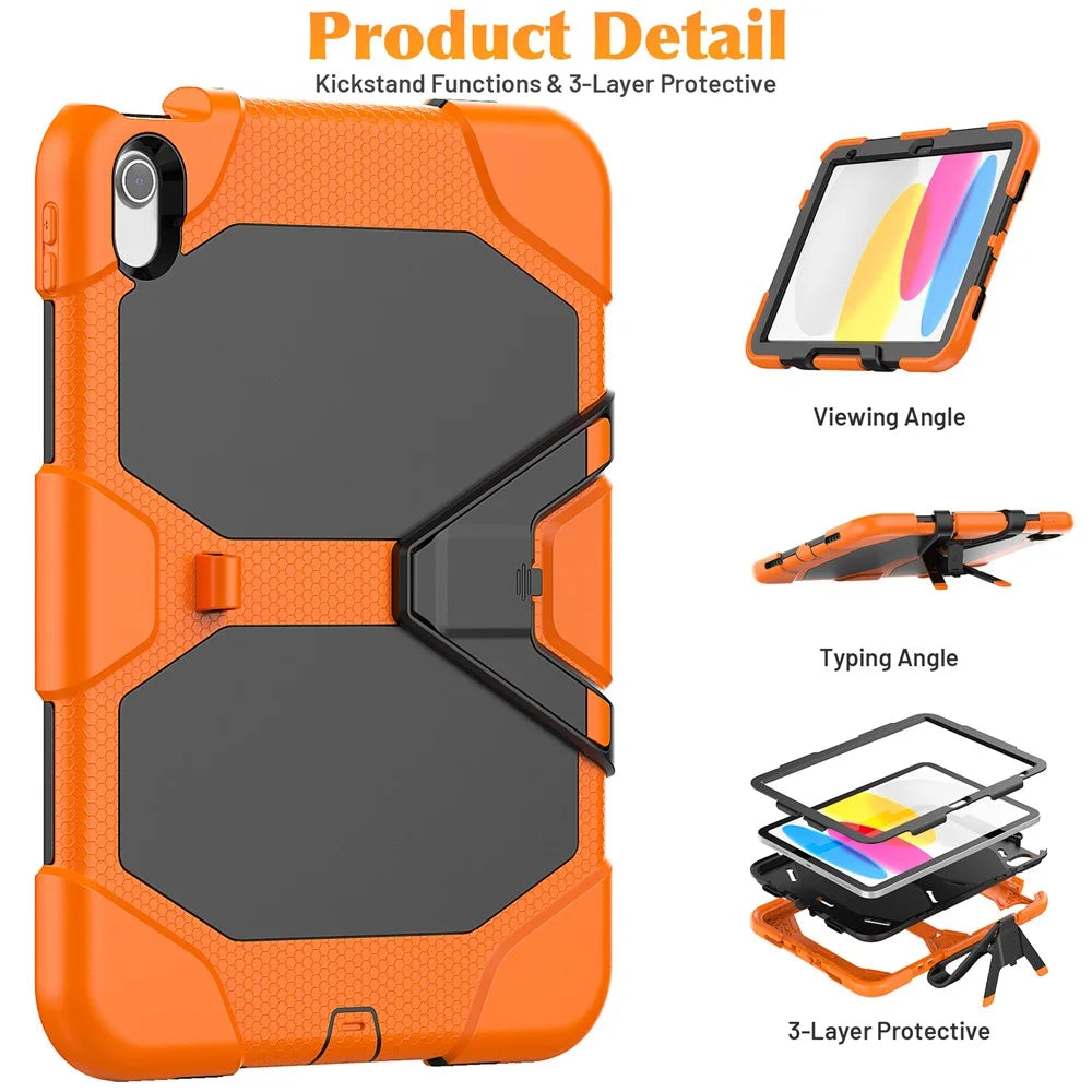 For iPad (2025) / 10.9 (2022) PC + Silicone Case Kickstand Cover Tablet Case with Screen Protector Pen Holder - Orange - 5