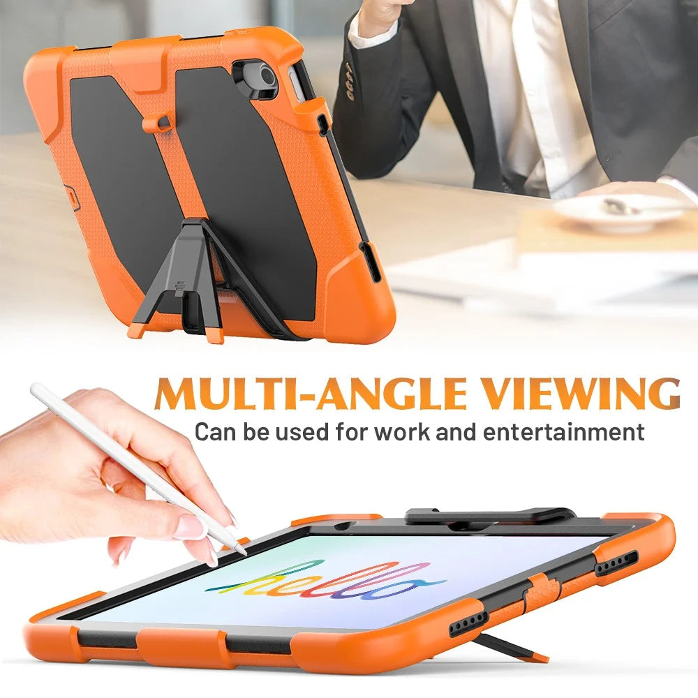 For iPad (2025) / 10.9 (2022) PC + Silicone Case Kickstand Cover Tablet Case with Screen Protector Pen Holder - Orange - 6
