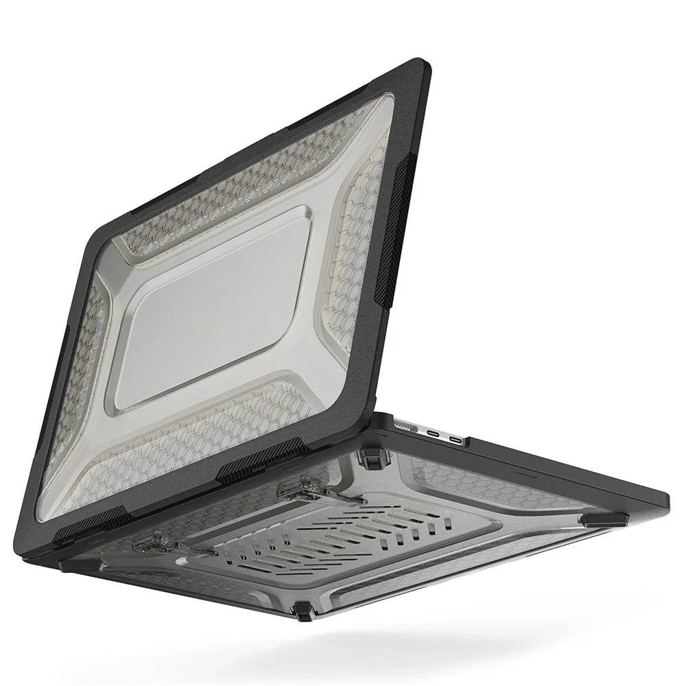 For MacBook Air 13 inch (2026) A3449 / (2025) A3240 / (2024) A3113 / (2022) A2681 Heat Dissipation Laptop Case Shockproof Hard PC Soft TPU Kickstand Cover - Black - 1