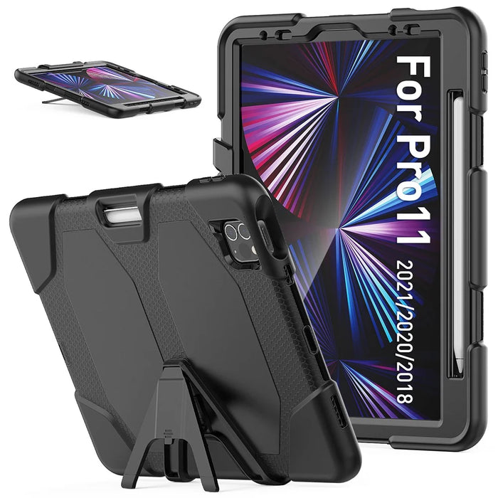 For iPad Pro 11 (2022) / (2021) / (2020) / (2018)  /  Air (2022) / (2020) Protective Case Anti-Drop PC + Silicone Case Scratch-Proof Kickstand Tablet Cover - Black - 1