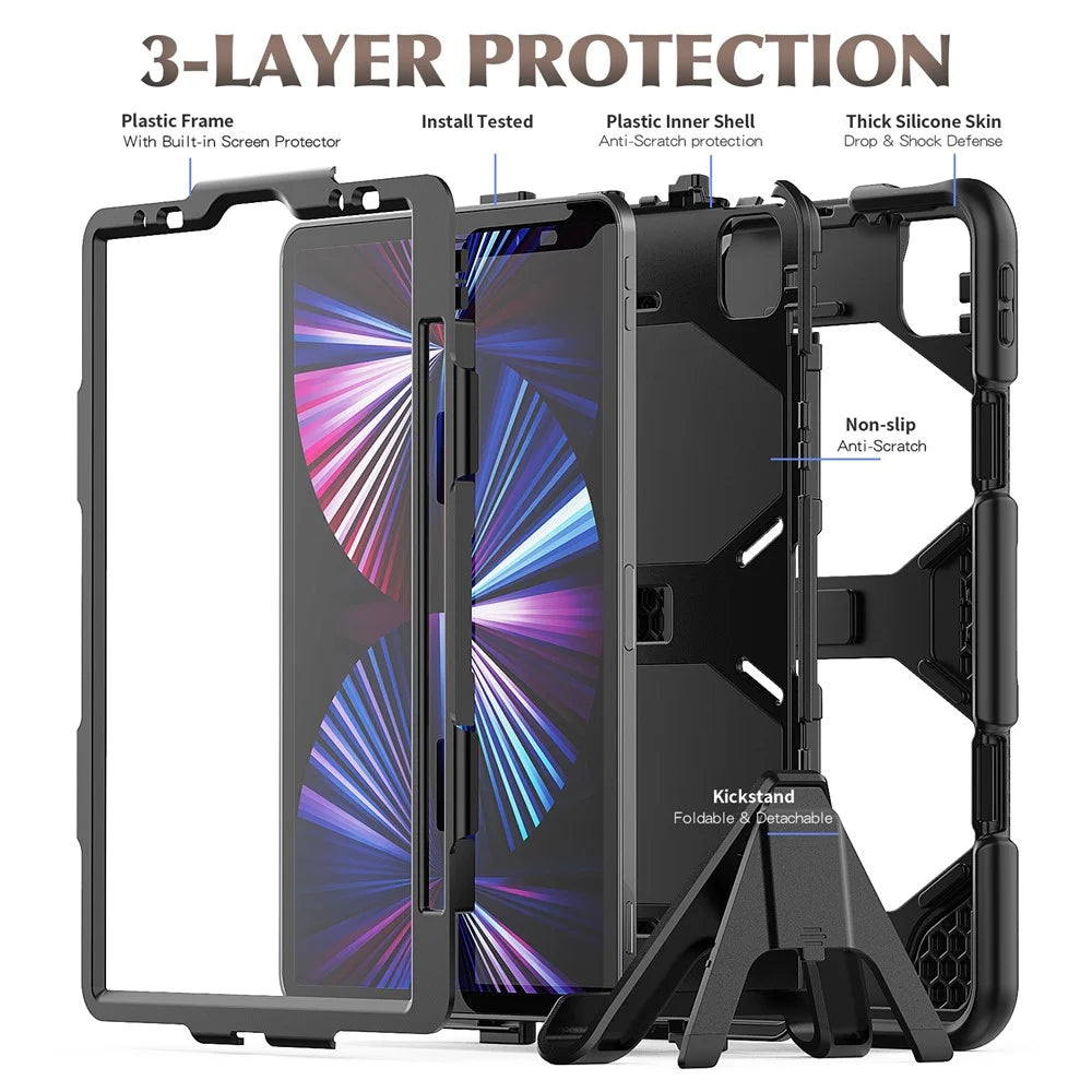 For iPad Pro 11 (2022) / (2021) / (2020) / (2018)  /  Air (2022) / (2020) Protective Case Anti-Drop PC + Silicone Case Scratch-Proof Kickstand Tablet Cover - Black - 3