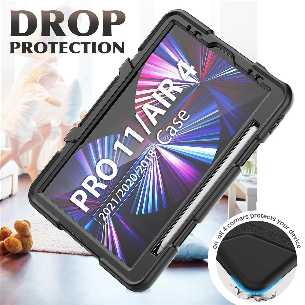For iPad Pro 11 (2022) / (2021) / (2020) / (2018)  /  Air (2022) / (2020) Protective Case Anti-Drop PC + Silicone Case Scratch-Proof Kickstand Tablet Cover - Black - 4