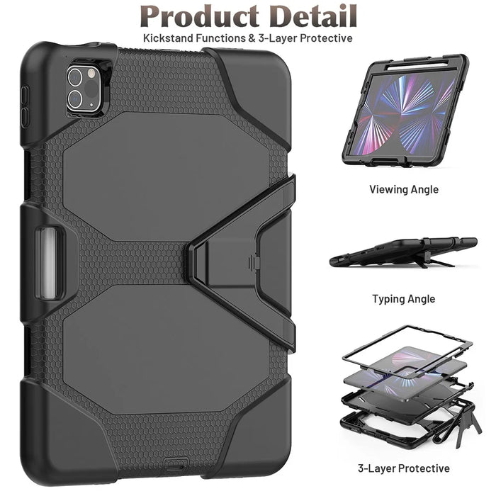 For iPad Pro 11 (2022) / (2021) / (2020) / (2018)  /  Air (2022) / (2020) Protective Case Anti-Drop PC + Silicone Case Scratch-Proof Kickstand Tablet Cover - Black - 5
