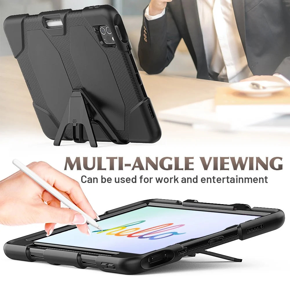 For iPad Pro 11 (2022) / (2021) / (2020) / (2018)  /  Air (2022) / (2020) Protective Case Anti-Drop PC + Silicone Case Scratch-Proof Kickstand Tablet Cover - Black - 6
