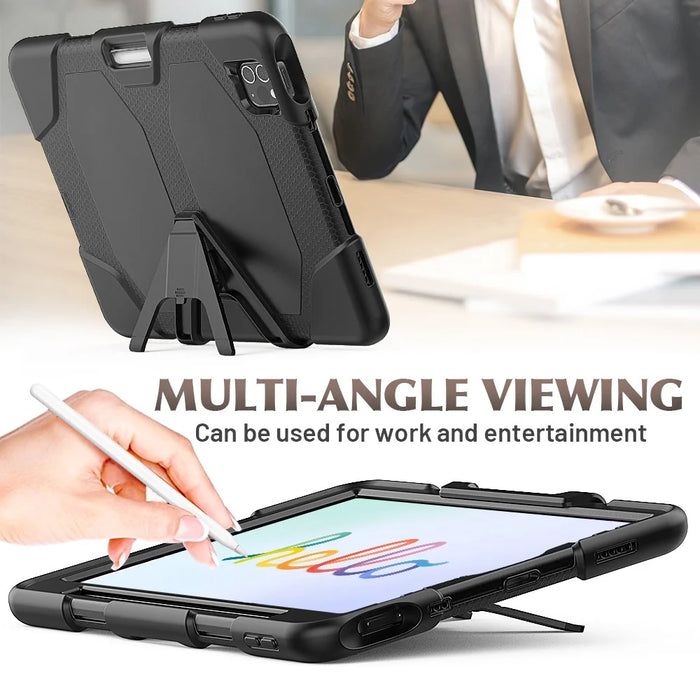 For iPad Pro 11 (2022) / (2021) / (2020) / (2018)  /  Air (2022) / (2020) Protective Case Anti-Drop PC + Silicone Case Scratch-Proof Kickstand Tablet Cover - Black - 6