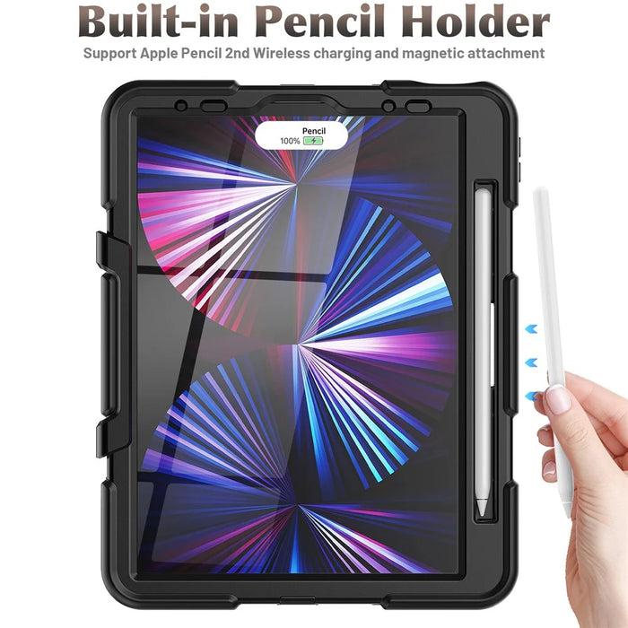For iPad Pro 11 (2022) / (2021) / (2020) / (2018)  /  Air (2022) / (2020) Protective Case Anti-Drop PC + Silicone Case Scratch-Proof Kickstand Tablet Cover - Black - 7
