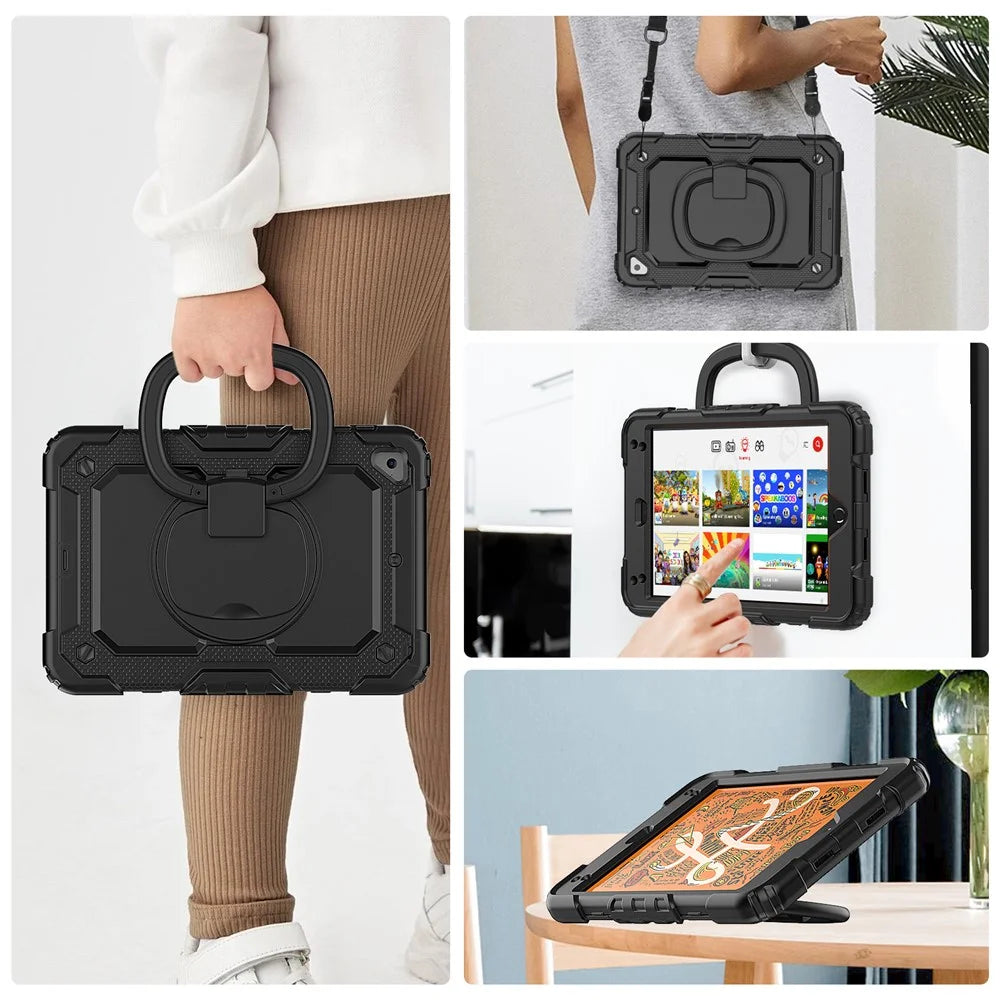 Protective Case for iPad mini 4 / mini (2019) 7.9 inch Anti-Drop Tablet Case 360-Degree Rotating Kickstand PC + Silicone Cover with Shoulder Strap - Black - 7