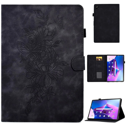For Lenovo Tab M10 Plus (3rd Gen) / Xiaoxin Pad 2022 10.6 inch PU Leather Butterfly Flower Pattern Imprinted Tablet Cover Stitching Line Stand Smart Protective Case with Card Holder - Black - 1