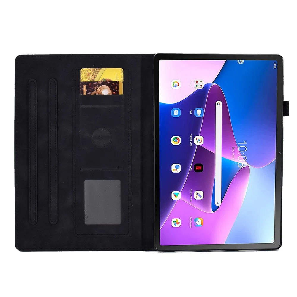 For Lenovo Tab M10 Plus (3rd Gen) / Xiaoxin Pad 2022 10.6 inch PU Leather Butterfly Flower Pattern Imprinted Tablet Cover Stitching Line Stand Smart Protective Case with Card Holder - Black - 2